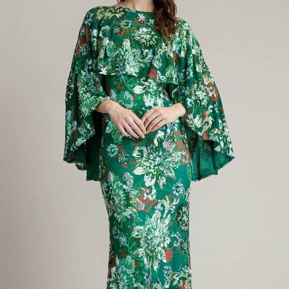 Tadashi Shoji Emerald Green Floral Sequin Cape Evening Gown - Picture 1 of 7